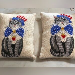 Pillow Needlework Cat Patriotic 14 x18 Mary Lake Thompson Peking Wool Set Of 2
